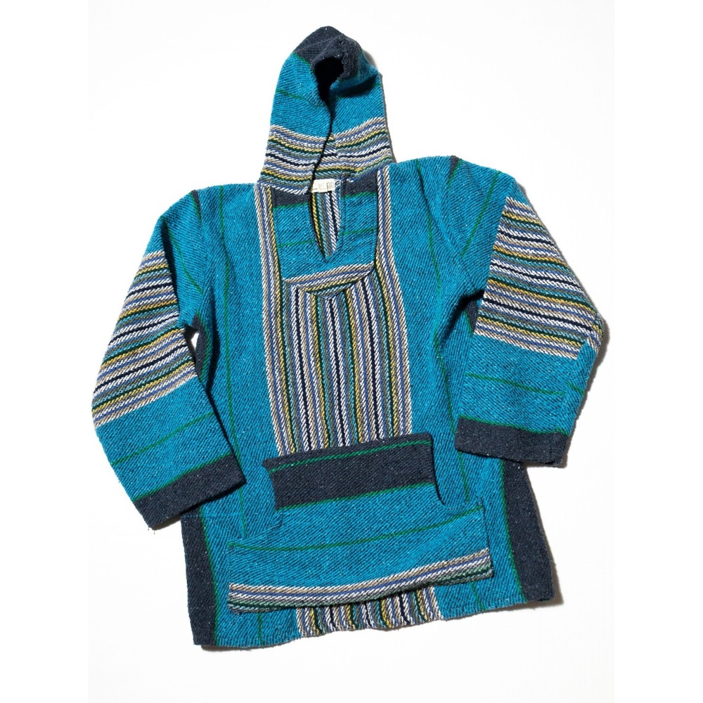 Mexican Baja Hoodie Teal Striped Surf Culture 90s Grunge Skatewear Hippie Small